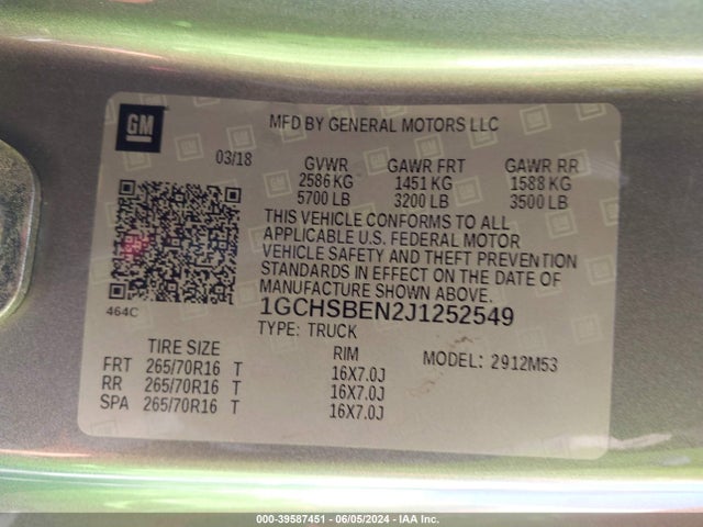 Chevrolet Colorado Wt 2018 1GCHSBEN2J1252549 Image 9