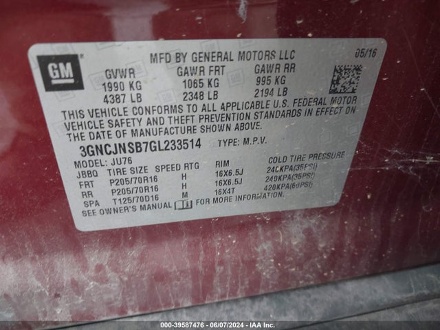 Chevrolet Trax 1ls 2016 3GNCJNSB7GL233514 Image 9