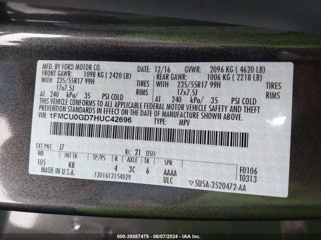 Ford ESCAPE SE 2017 1FMCU0GD7HUC42696 Image 9