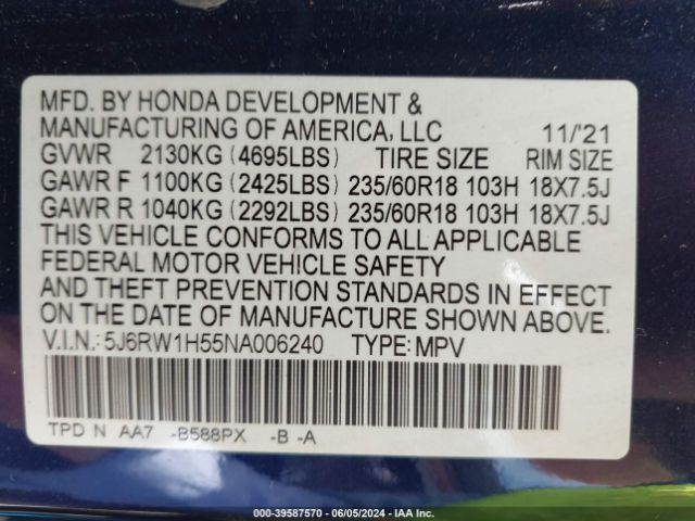5J6RW1H55NA006240 Honda Cr-v 2wd Ex