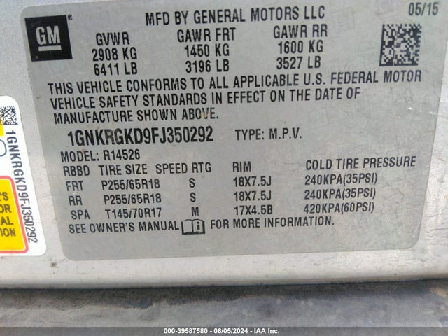 Chevrolet Traverse 1lt 2015 1GNKRGKD9FJ350292 Image 9