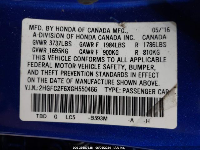 2HGFC2F6XGH550466 Honda Civic Lx
