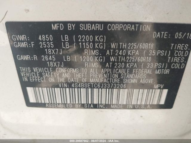 4S4BSETC6J3373206 Subaru Outback 3.6r Touring