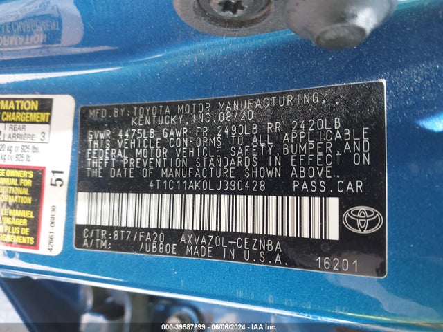 Toyota CAMRY LE 2020 4T1C11AK0LU390428 Image 9