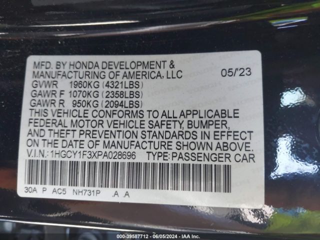 1HGCY1F3XPA028696 Honda ACCORD EX