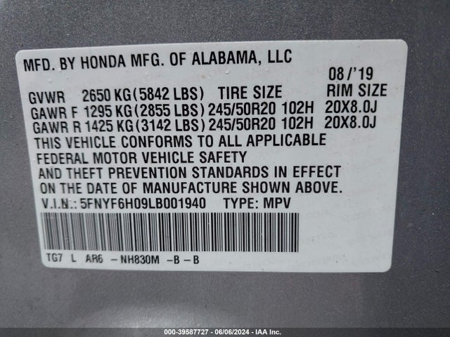 Honda Pilot Awd Elite 2020 5FNYF6H09LB001940 Image 9