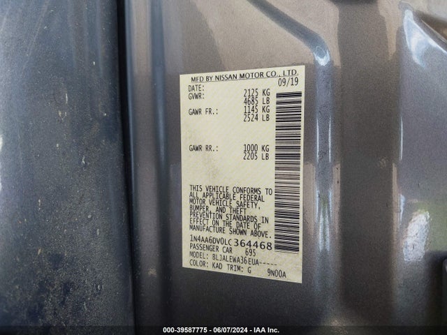 Nissan Maxima Sl Xtronic Cvt 2020 1N4AA6DV0LC364468 Image 9