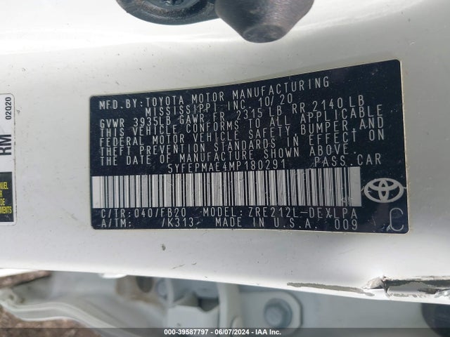 Toyota COROLLA LE 2021 5YFEPMAE4MP180291 Image 9