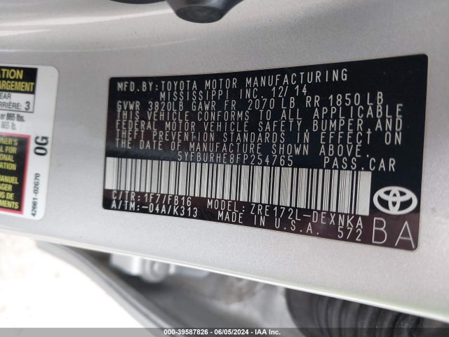 Toyota COROLLA LE 2015 5YFBURHE8FP254765 Image 9