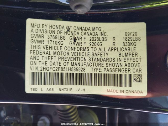 2HGFC2F85LH585928 Honda Civic Sport