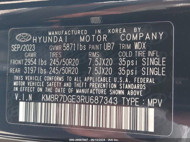 KM8R7DGE3RU687343 Hyundai Palisade Calligraphy