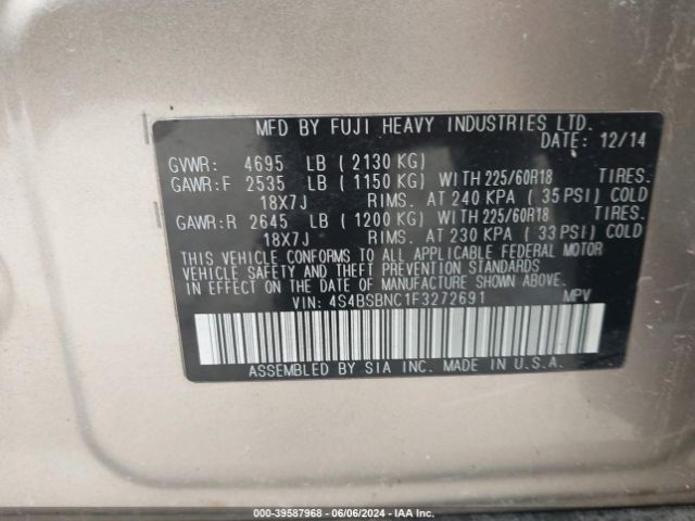 4S4BSBNC1F3272691 Subaru Outback 2.5i Limited