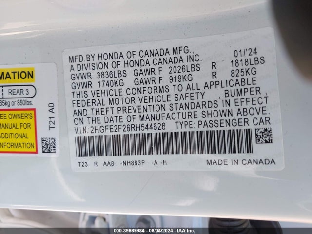 Honda Civic Lx 2024 2HGFE2F26RH544626 Image 9