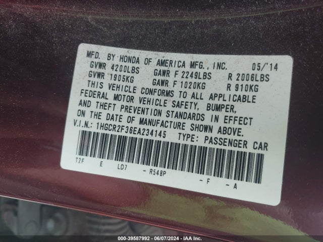 Honda ACCORD LX 2014 1HGCR2F36EA234145 Image 9