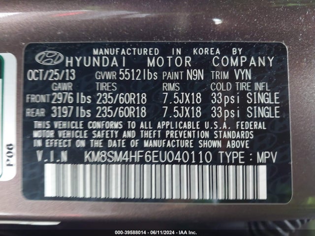 Hyundai Santa Fe Gls 2014 KM8SM4HF6EU040110 Image 9