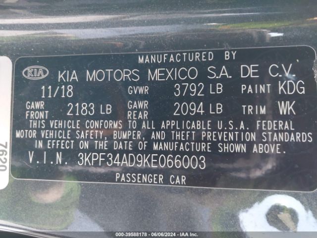 3KPF34AD9KE066003 KIA FORTE S