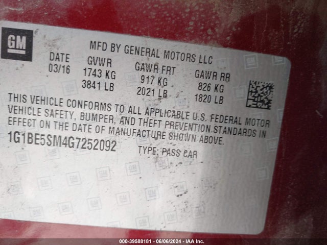 Chevrolet Cruze Lt Auto 2016 1G1BE5SM4G7252092 Image 9