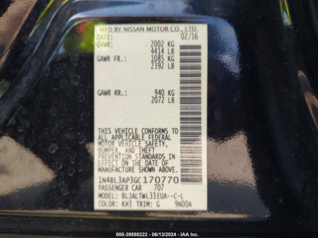 1N4BL3AP3GC170770 Nissan Altima 3.5 Sl