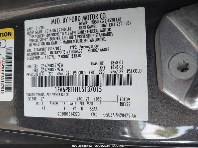 Ford Mustang Ecoboost Premium Fastback 2020 1FA6P8TH1L5137015 Image 9