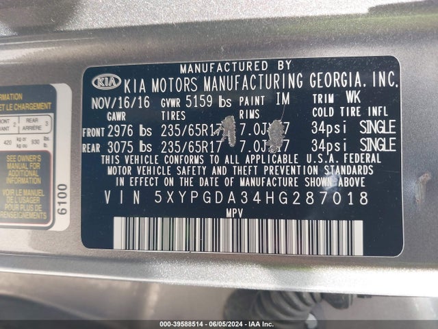 KIA Sorento 2.4l Lx 2017 5XYPGDA34HG287018 Image 9