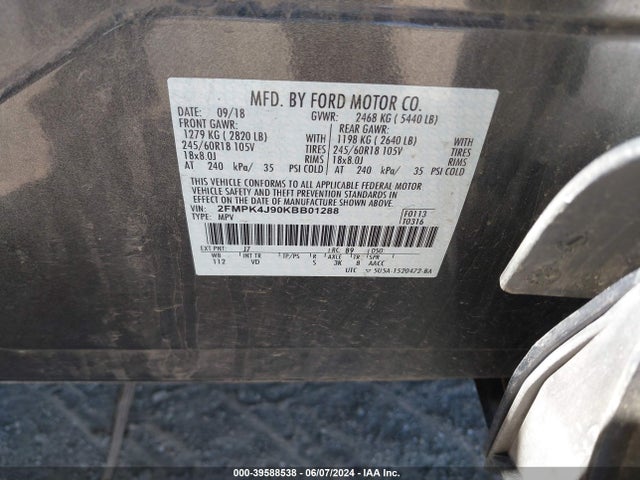 Ford EDGE SEL 2019 2FMPK4J90KBB01288 Image 9