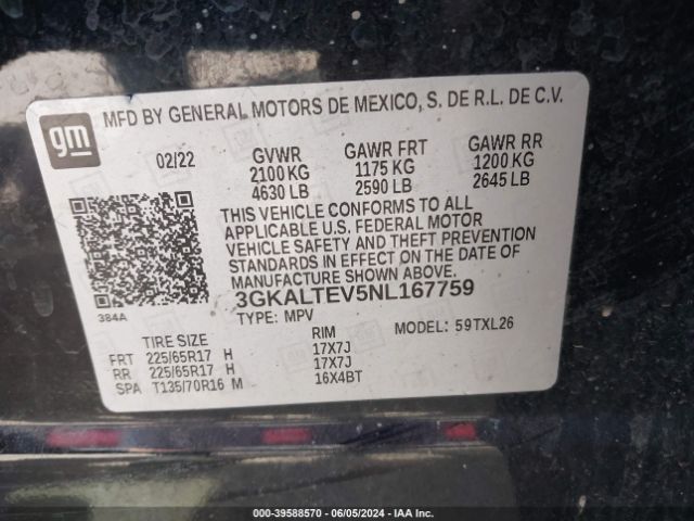 3GKALTEV5NL167759 GMC Terrain Awd Sle