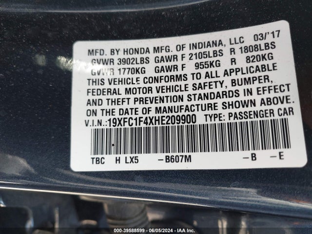 Honda Civic Ex-t 2017 19XFC1F4XHE209900 Image 9