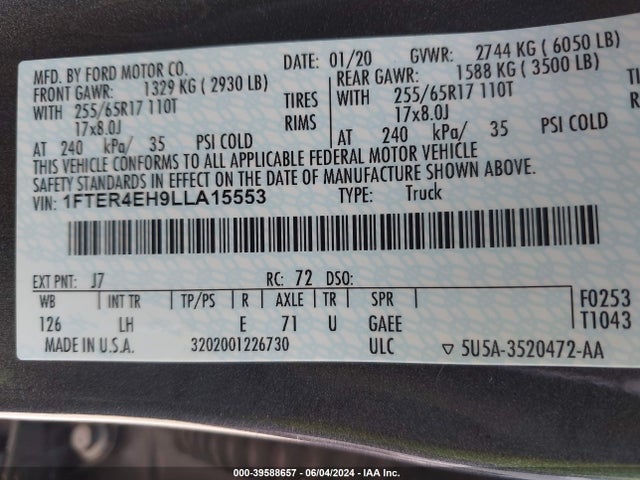 Ford RANGER XL 2020 1FTER4EH9LLA15553 Image 9