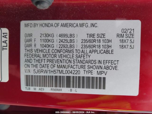 5J6RW1H57ML004220 Honda Cr-v 2wd Ex