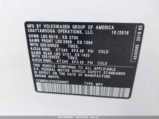 1V2NR2CA7KC509837 Volkswagen Atlas 3.6l V6 Sel Premium