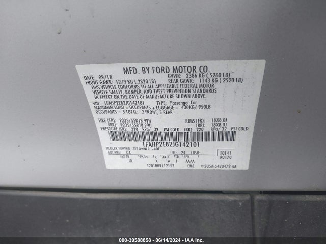 Ford TAURUS SEL 2018 1FAHP2E82JG142101 Image 9