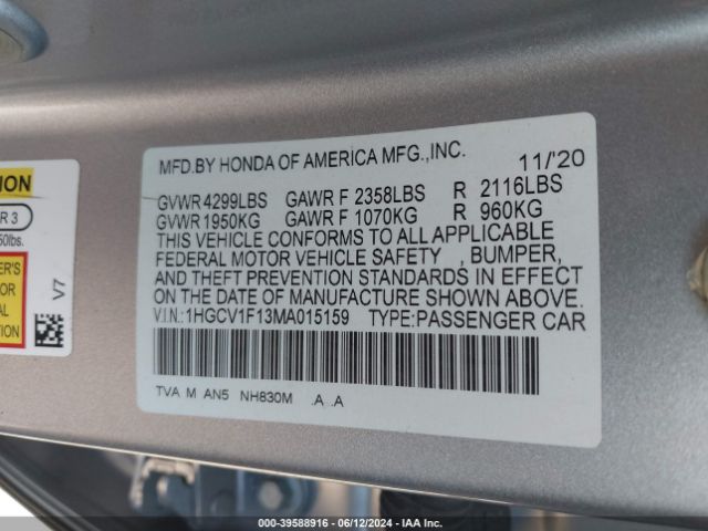 1HGCV1F13MA015159 Honda ACCORD LX