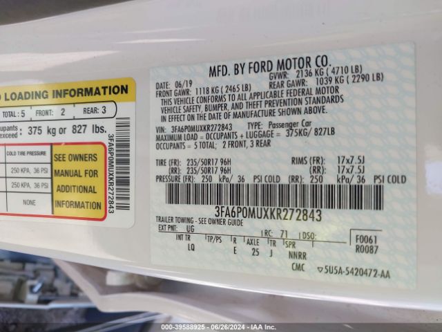 3FA6P0MUXKR272843 Ford Fusion Hybrid Sel