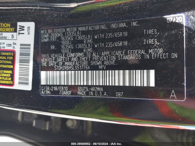 Toyota Highlander Xle 2020 5TDHZRBH5LS517764 Image 9
