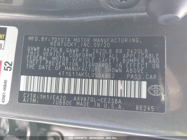 Toyota CAMRY SE 2020 4T1G11AK5LU504862 Image 9