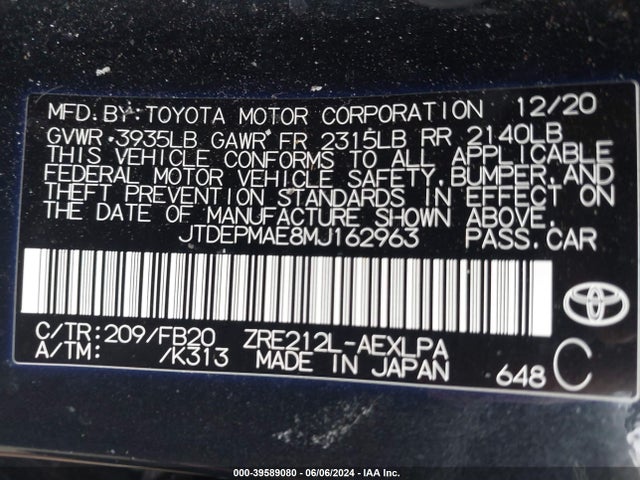 Toyota COROLLA LE 2021 JTDEPMAE8MJ162963 Image 9