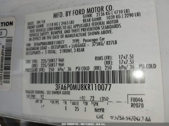 3FA6P0MU8KR110077 Ford Fusion Hybrid Sel