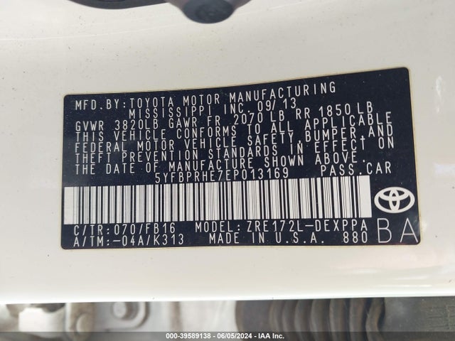 Toyota Corolla Le Eco Plus 2014 5YFBPRHE7EP013169 Image 9