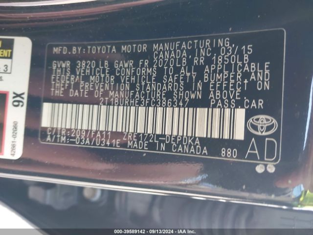 2T1BURHE3FC386347 Toyota COROLLA L