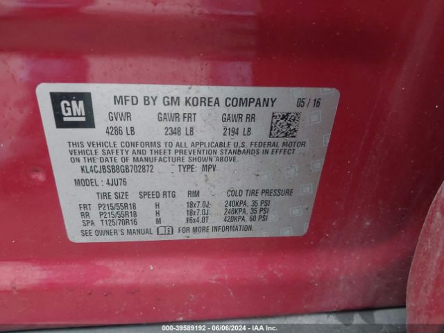 KL4CJBSB8GB702872 Buick Encore Convenience