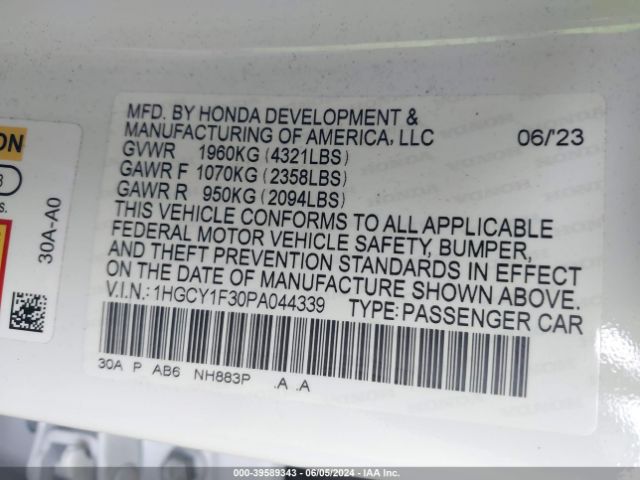 1HGCY1F30PA044339 Honda ACCORD EX