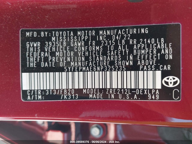 Toyota COROLLA LE 2022 5YFEPMAE6NP325235 Image 9