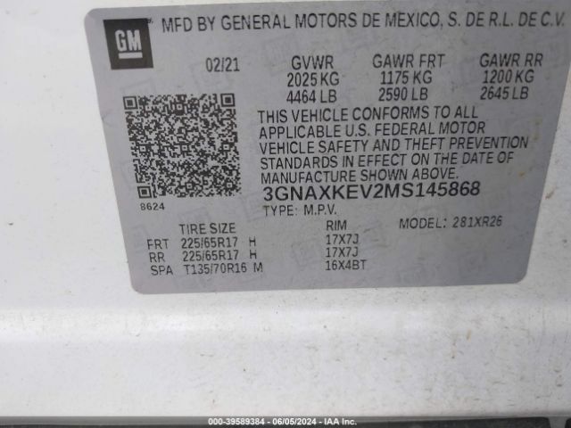 3GNAXKEV2MS145868 Chevrolet Equinox Fwd Lt