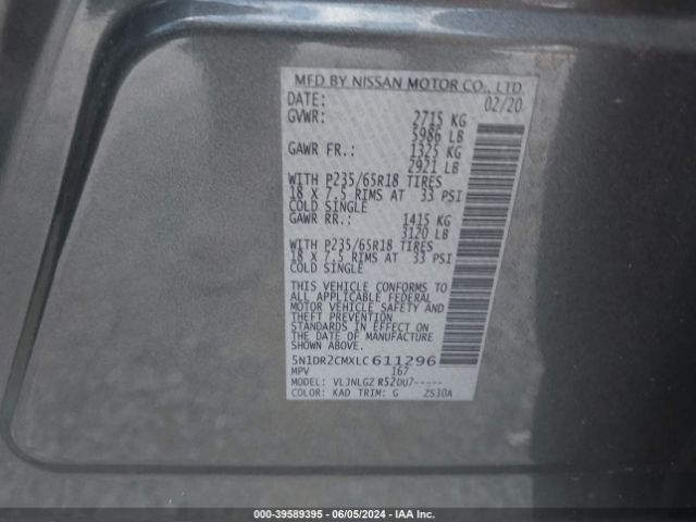 5N1DR2CMXLC611296 Nissan Pathfinder Sl 4wd