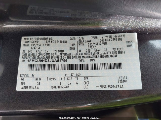 Ford ESCAPE SEL 2018 1FMCU9HD8JUA51796 Image 9