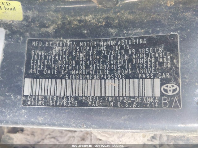 Toyota COROLLA LE 2016 5YFBURHE8GP405203 Image 9