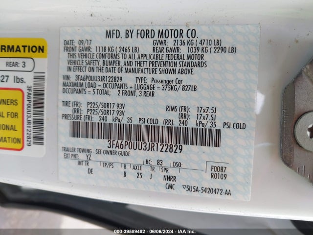 Ford Fusion Hybrid S 2018 3FA6P0UU3JR122829 Image 9