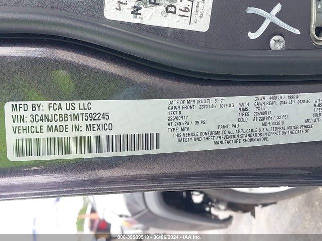 3C4NJCBB1MT592245 Jeep Compass Latitude Fwd