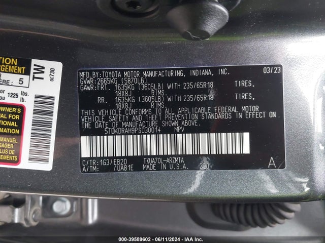Toyota Highlander Xle 2023 5TDKDRAH9PS030014 Image 9