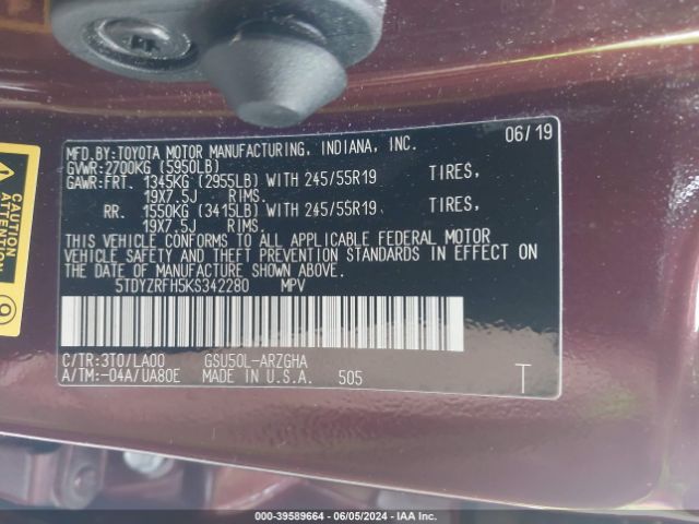 5TDYZRFH5KS342280 Toyota Highlander Limited